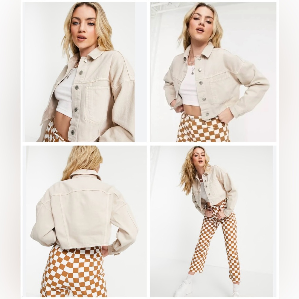 women’s Topshop Cropped Denim Jacket in Sand / Stone - size 8